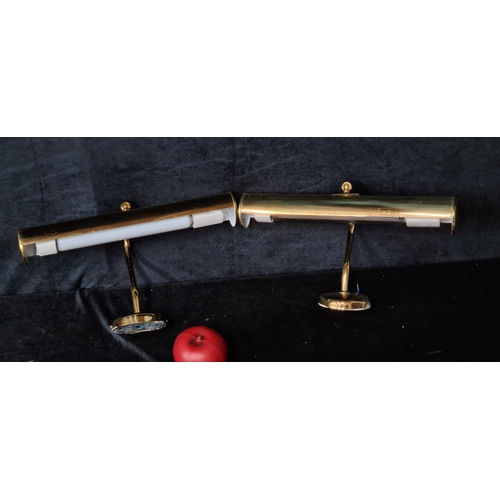 920 - A pair of vintage style brass wall-mounted picture lights featuring a sleek cylindrical design with ... 