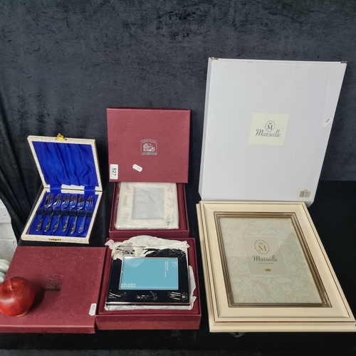 927 - Four items including three picture frames and a boxed set of vintage silver plated cake forks.