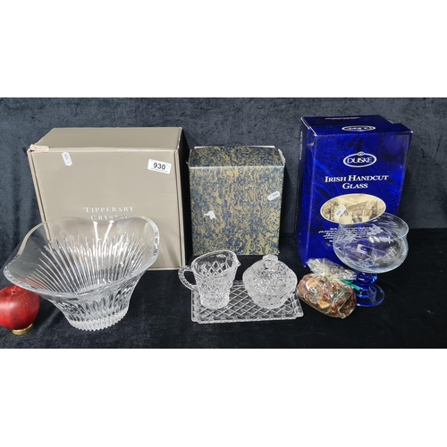 930 - A selection of glassware including a large Tipperary Crystal fruit bowl in original box and a Duiske... 