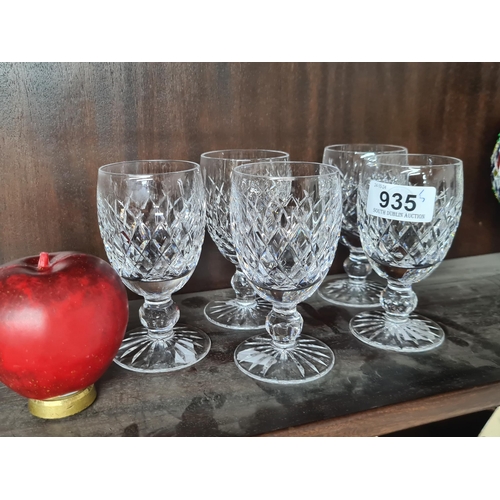 935 - Five 'Waterford Crystal' crystal glasses. Features 'Boyne' pattern. With acid marks to base. In very... 