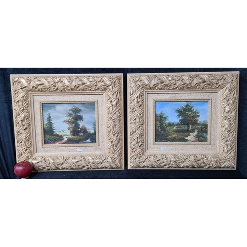 944 - A pair of original oil on board paintings. Features serene countryside landscape scene with lush gre... 