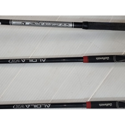 779 - Set of three golf clubs featuring Aldila VX shafts and Golfsmith grips, including a Snake Eyes model... 