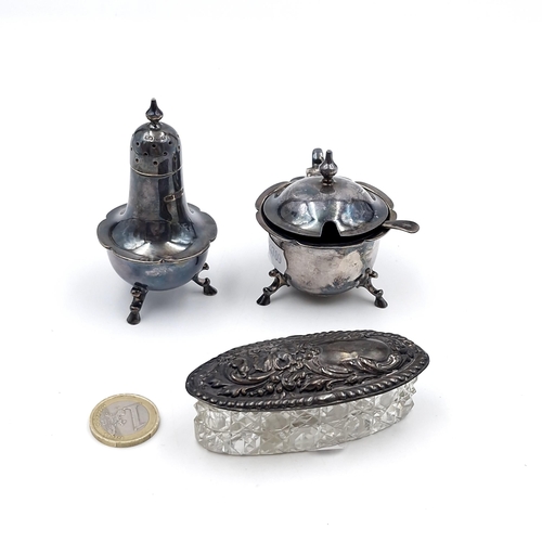 1078 - Three vintage and antique items - two sterling silver condiment pieces including a shaker and mustar... 