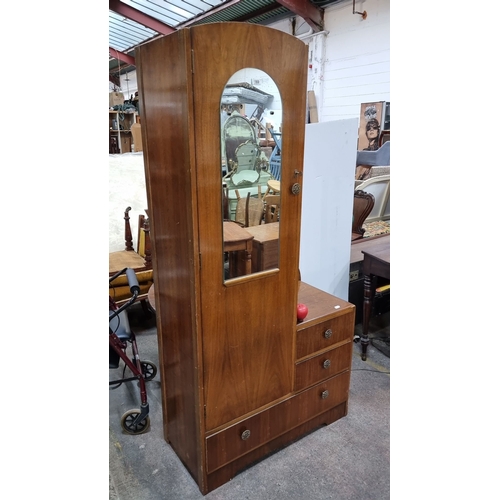 1133 - Mid-Century Modern wardrobe with integrated mirror, mahogany finish. Approximately 180cm high, 80cm ... 