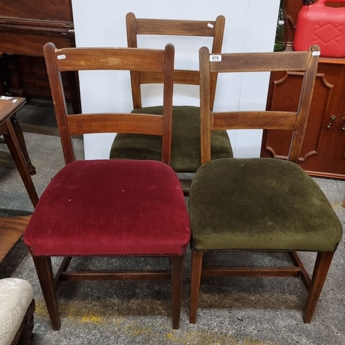 1155 - Set of three vintage wooden dining chairs with red and green upholstered seats. Approximately 85 cm ... 