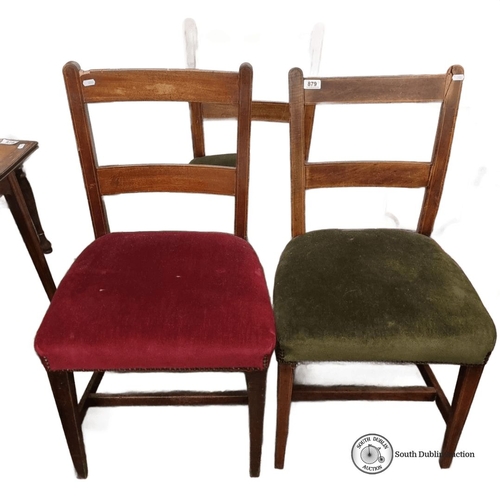 1155 - Set of three vintage wooden dining chairs with red and green upholstered seats. Approximately 85 cm ... 