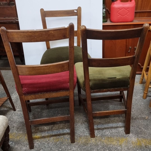 1155 - Set of three vintage wooden dining chairs with red and green upholstered seats. Approximately 85 cm ... 