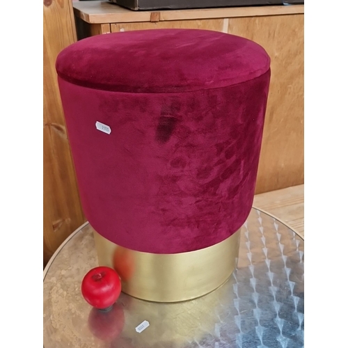 1163 - Red velvet stool with storage ottoman with gold base. Approximately 45cm height, 35cm diameter. Remo... 