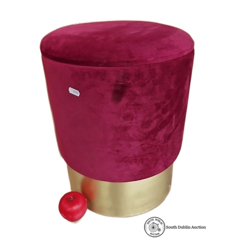 1163 - Red velvet stool with storage ottoman with gold base. Approximately 45cm height, 35cm diameter. Remo... 