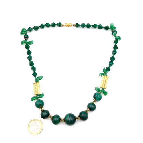 1041 - An attractive malachite stone beaded necklace with screw clasp. Total weight - 80.39 grams. Length 5... 