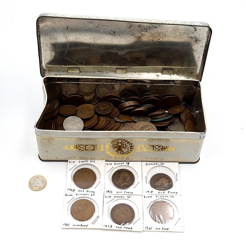 1081 - A tin containing a collection of British coinage from early to mid 20th century. may include silver ... 