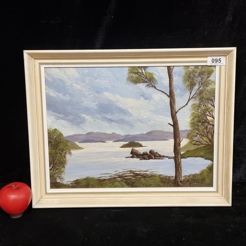 1246 - An original oil on board painting featuring a lakeside landscape scene with blue grey mountains to d... 