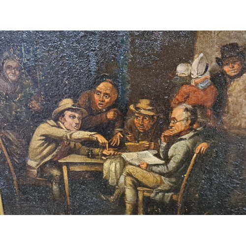 79 - An original oil on board painting after 'Sir David Wilkie' titled 'The Village Politicians'. Feature... 