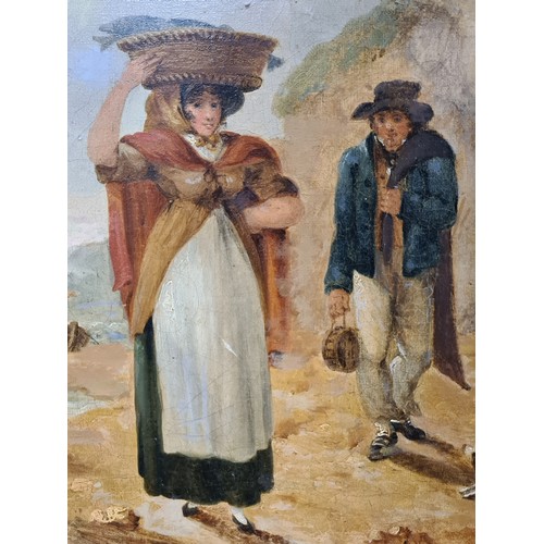 84 - Star Lot: An original antique oil on canvas painting. Features a coastal scene with fishermen return... 