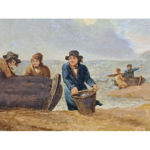 84 - Star Lot: An original antique oil on canvas painting. Features a coastal scene with fishermen return... 