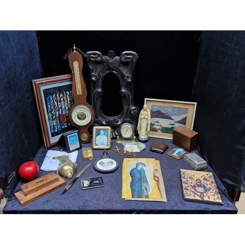 394 - A box of vintage items including desk clocks, wall plaques, holy water font and a barometer.