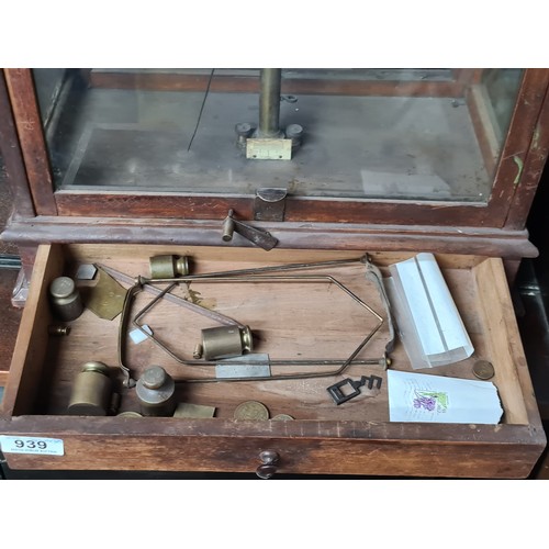 939 - A superb antique early Victorian laboratory precision scales. With neatly sized pull out drawers to ... 