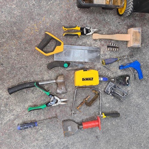 758 - A Large JCB mobile rolling toolbox with assorted tools, including a saw and tape measure. It has dur... 