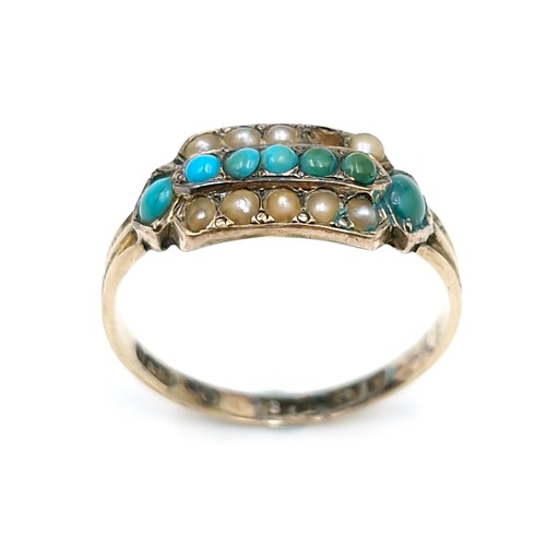 7 - A vintage turquoise and seed pearl ring set in nine carat gold (one pearl missing). Ring size - P. W... 