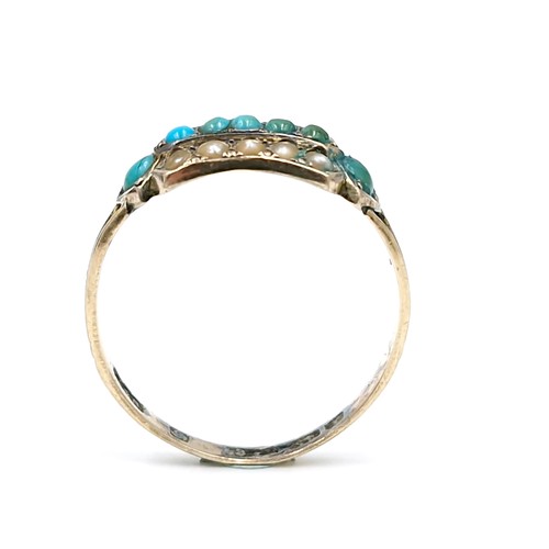 7 - A vintage turquoise and seed pearl ring set in nine carat gold (one pearl missing). Ring size - P. W... 