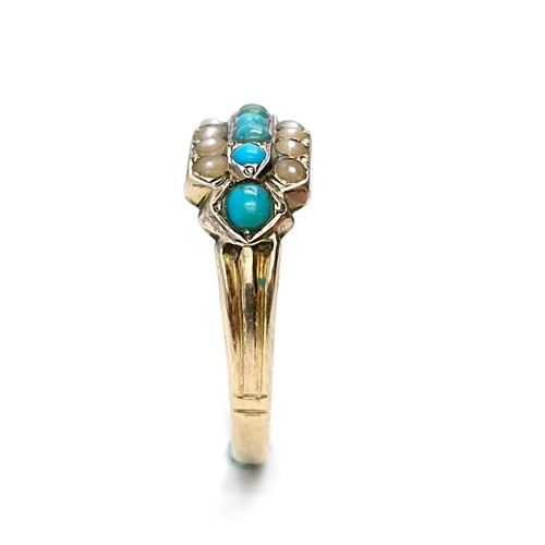 7 - A vintage turquoise and seed pearl ring set in nine carat gold (one pearl missing). Ring size - P. W... 