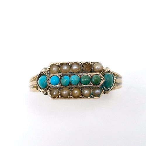 7 - A vintage turquoise and seed pearl ring set in nine carat gold (one pearl missing). Ring size - P. W... 