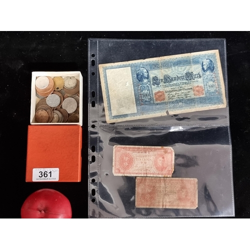 361 - A small box of unchecked antique and vintage coins. Lot also includes a 1910 one hundred mark German... 