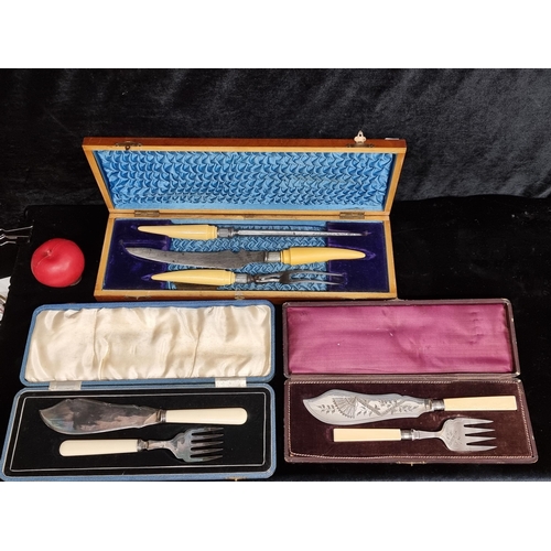 374 - Three sets of antique EPNS carving / serving knives and forks. Lot includes a wonderful Lockwood bro... 