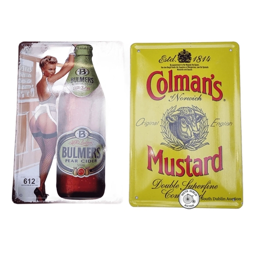 612 - Pair of vintage-style metal signs: Bulmers Pear Cider and Colman's Mustard, featuring retro designs.