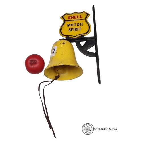 614 - Vintage style  Shell Motor Spirit cast iron hanging bell with vibrant yellow and red enamel accents.