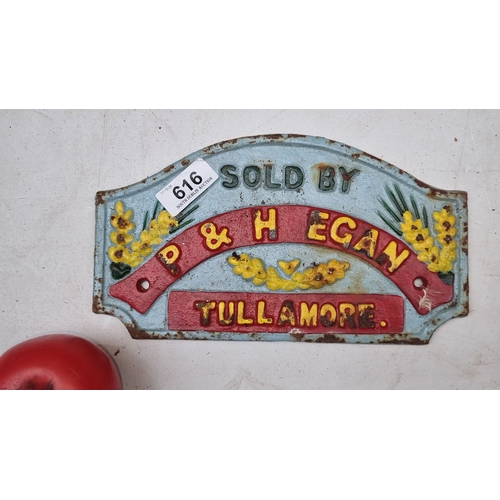 616 - Vintage style cast iron advertising plaque for P & H Egan, Tullamore, with colorful embossed detaili... 