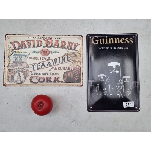 618 - David Barry and Guinness tin signs feature vintage designs, showcasing historical merchant and iconi... 