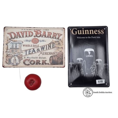 618 - David Barry and Guinness tin signs feature vintage designs, showcasing historical merchant and iconi... 