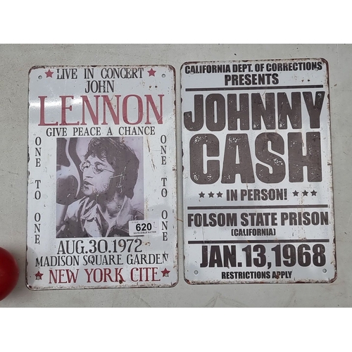 620 - Set of two vintage-style concert signs for John Lennon and Johnny Cash, featuring iconic event detai... 