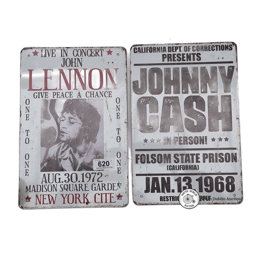 620 - Set of two vintage-style concert signs for John Lennon and Johnny Cash, featuring iconic event detai... 