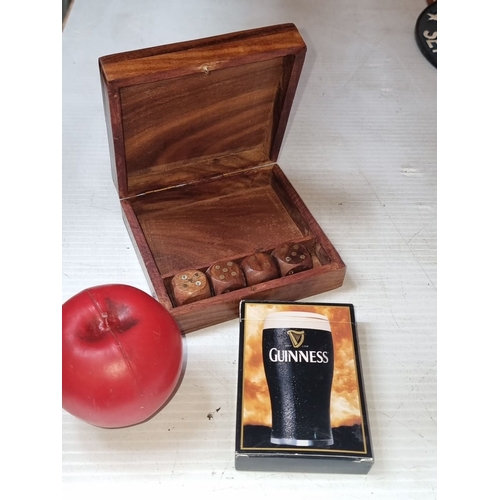 629 - Wooden decorative box with playing card suit inlays, containing wooden box Guinness-branded playing ... 