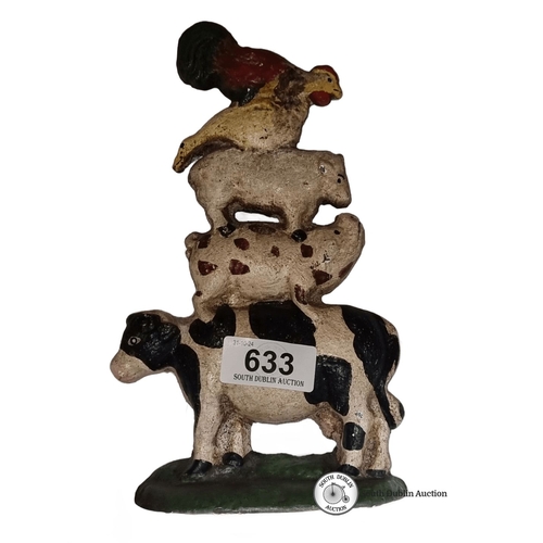 633 - Cast iron animal stack doorstop featuring a cow, pig, sheep, and rooster, hand-painted with vibrant ... 