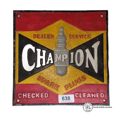 638 - A vintage style Champion Spark Plugs cast metal sign, featuring vibrant colors and embossed design.