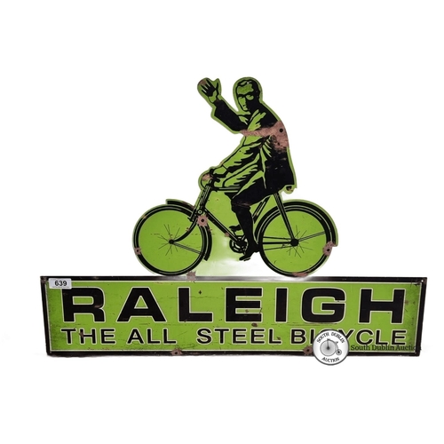 639 - A large Vintage style Raleigh Bicycle metal sign, bright green, featuring cyclist design. Advertisin... 