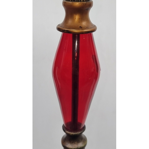 647 - Vintage floor lamp with pleated cream shade, red glass accent, and ornate base. Manufactured by Mart... 