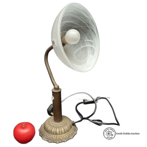 650 - Vintage brass table lamp with frosted glass shade, featuring a ribbed column and floral base design.... 