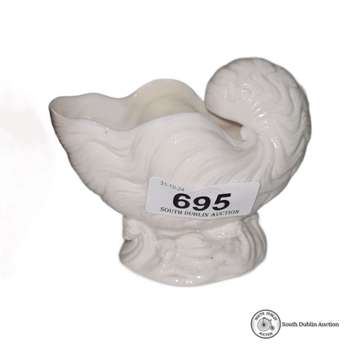 695 - Belleek porcelain shell-shaped vase with intricate detailing, featuring the classic black stamp Bell... 