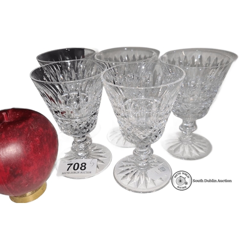 708 - Set of five Waterford crystal wine glasses, featuring a classic cut-glass design and marked base.