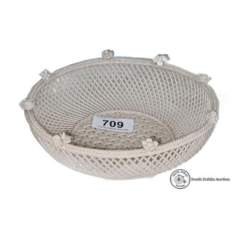 709 - Star Lot : A stunning early Irish Belleek porcelain basket features intricate lattice weave and flor... 