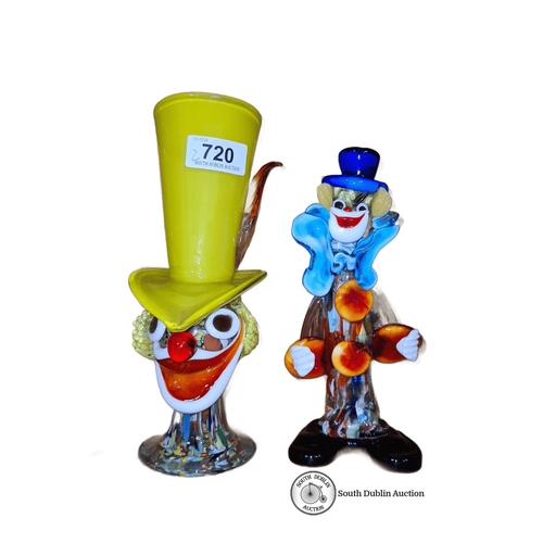 720 - Two large Murano glass clown sculptures feature vibrant multicolored designs. They are hand-blown wi... 