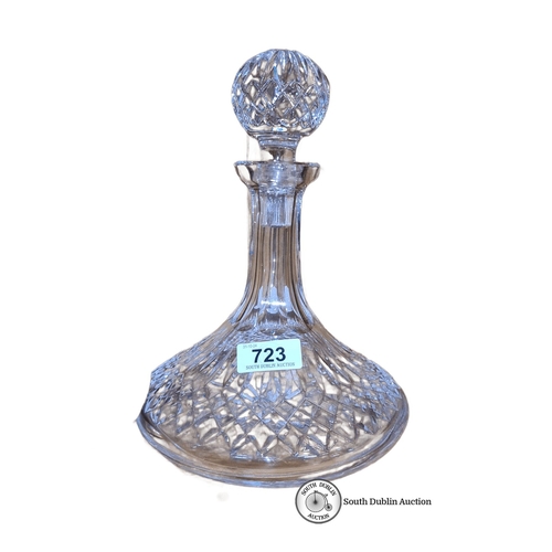 723 - Waterford crystal decanter featuring classic diamond-cut pattern with spherical stopper. Marked 