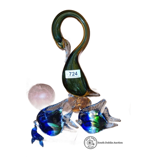 724 - Murano glass sculpture set includes a green and amber swan, two vibrant fish, and a glass cane. The ... 