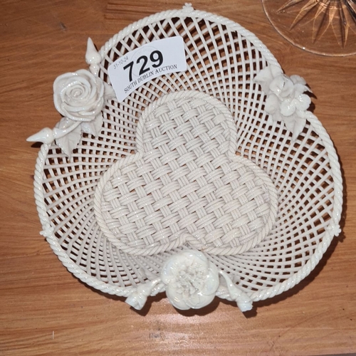 729 - Early Belleek whit stamp Porcelain basket with intricate lattice design and delicate floral embellis... 