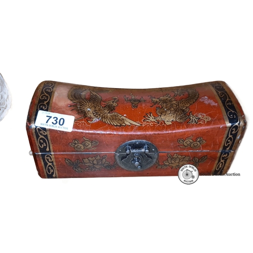 730 - Red lacquered wooden box with intricate dragon and phoenix design. Features Chinese script interior ... 