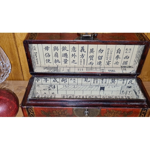 730 - Red lacquered wooden box with intricate dragon and phoenix design. Features Chinese script interior ... 